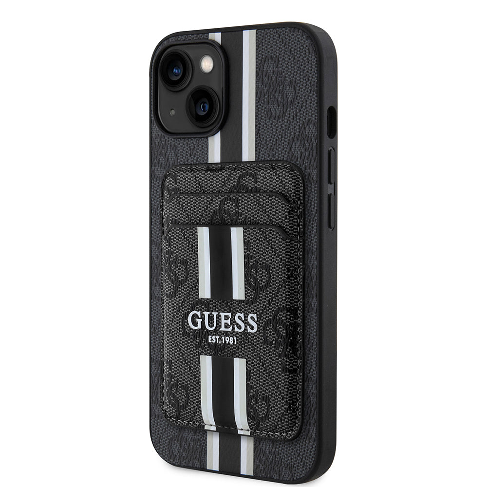 Apple iPhone 15 Kılıf Guess Orjinal Lisanslı M-safe Şarj Özellikli 4G Desenli Çizgili Kartlıklı Kapak Kahverengi