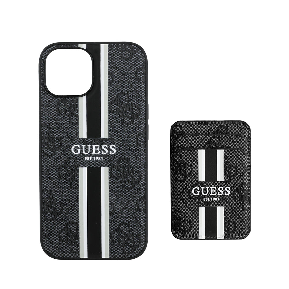 Apple iPhone 15 Kılıf Guess Orjinal Lisanslı M-safe Şarj Özellikli 4G Desenli Çizgili Kartlıklı Kapak Kahverengi