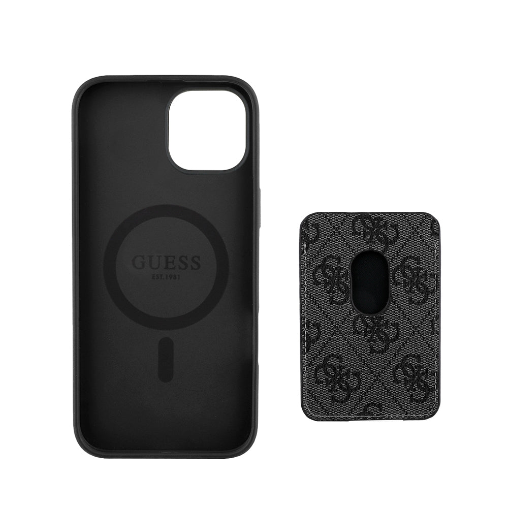 Apple iPhone 15 Kılıf Guess Orjinal Lisanslı M-safe Şarj Özellikli 4G Desenli Çizgili Kartlıklı Kapak Kahverengi