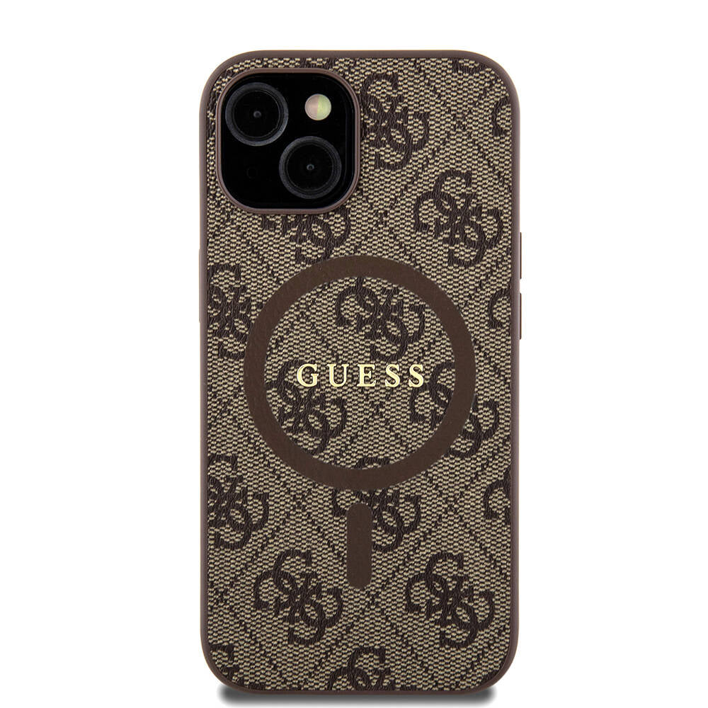 Apple iPhone 15 Kılıf Guess Orjinal Lisanslı M-safe Şarj Özellikli PU Halkalı 4G Desenli Yazı Logolu Kapak