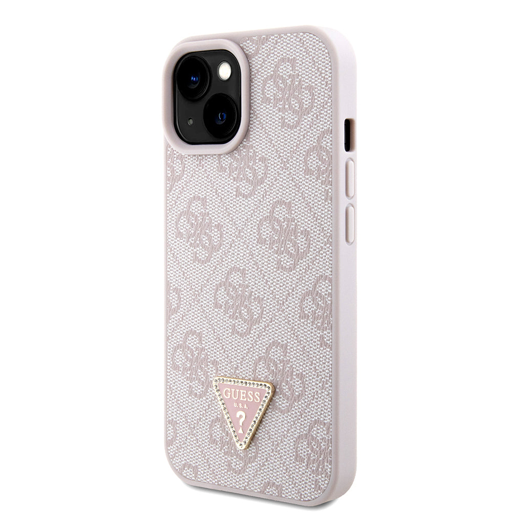 Apple iPhone 15 Kılıf Guess Orjinal Lisanslı PU Deri Taşlı Metal Üçgen Logolu Çapraz Vücut Askılı 4G Desenli Kapak Pembe