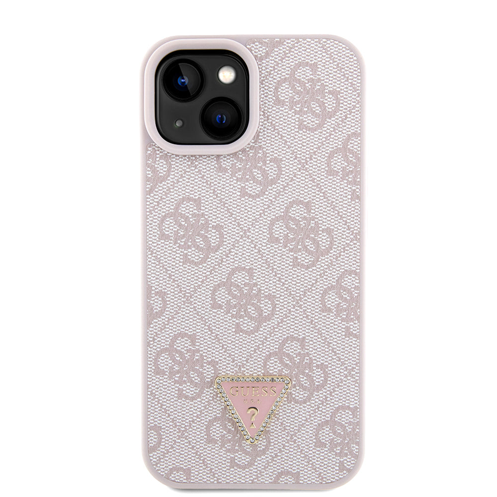 Apple iPhone 15 Kılıf Guess Orjinal Lisanslı PU Deri Taşlı Metal Üçgen Logolu Çapraz Vücut Askılı 4G Desenli Kapak Pembe