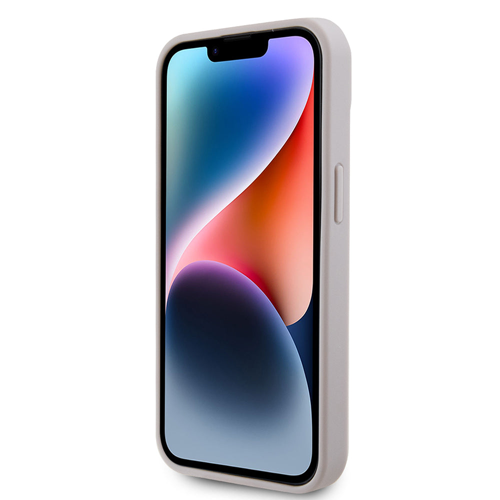 Apple iPhone 15 Kılıf Guess Orjinal Lisanslı PU Deri Taşlı Metal Üçgen Logolu Çapraz Vücut Askılı 4G Desenli Kapak Pembe