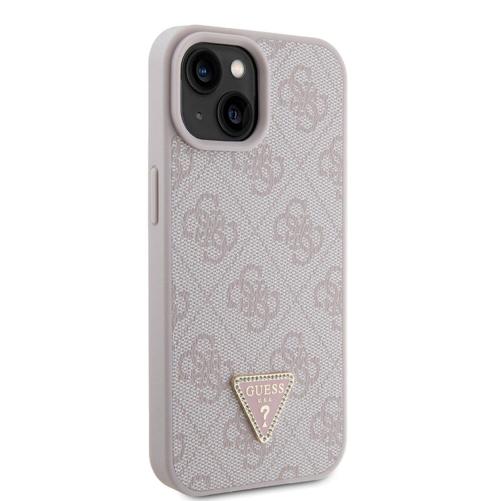 Apple iPhone 15 Kılıf Guess Orjinal Lisanslı PU Deri Taşlı Üçgen Logo 4G Desenli Strass Kapak
