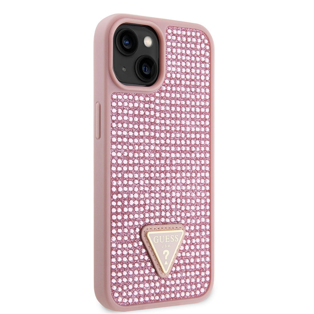 Apple iPhone 15 Kılıf Guess Orjinal Lisanslı Taşlı Arka Yüzey Üçgen Logolu Kapak Gold
