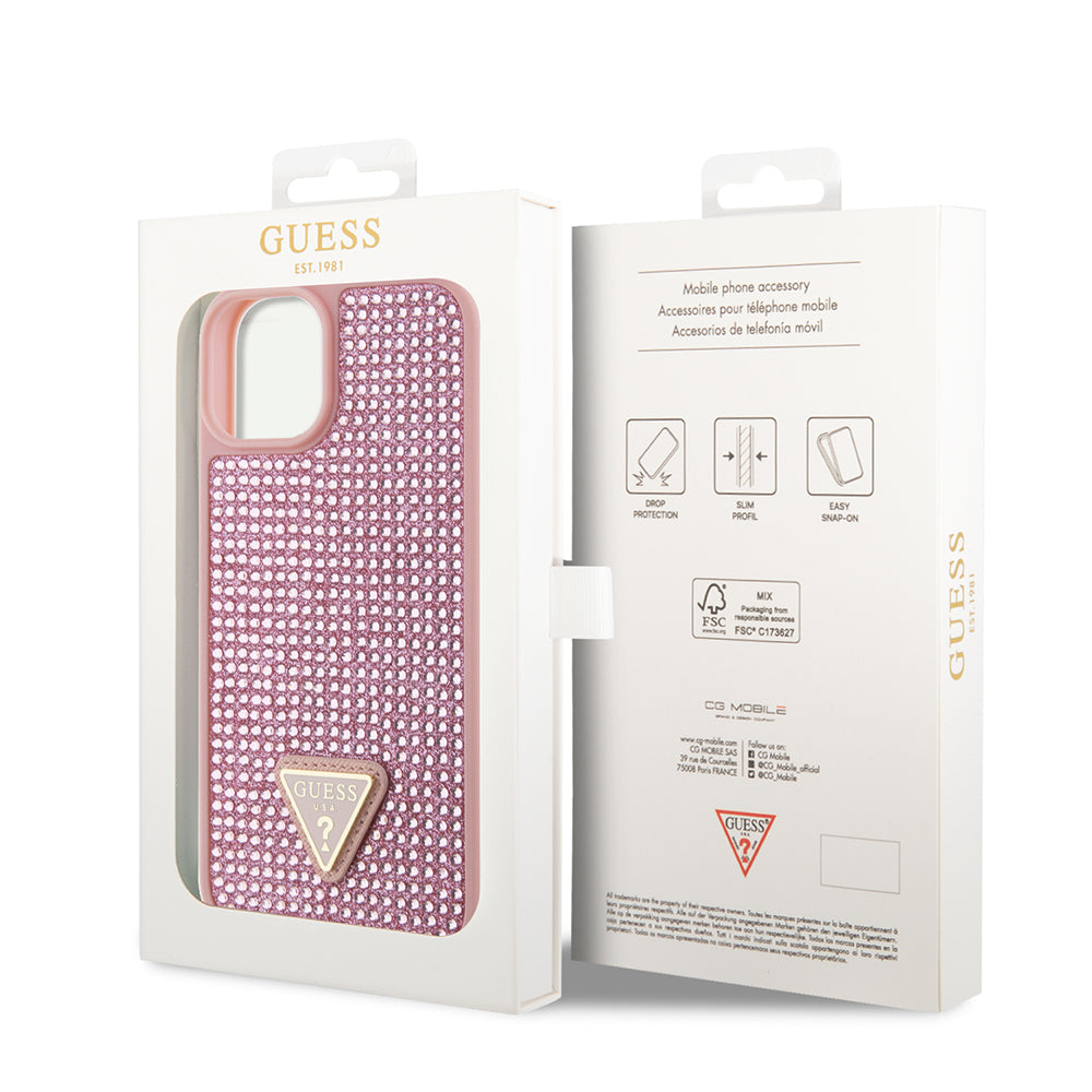Apple iPhone 15 Kılıf Guess Orjinal Lisanslı Taşlı Arka Yüzey Üçgen Logolu Kapak Gold