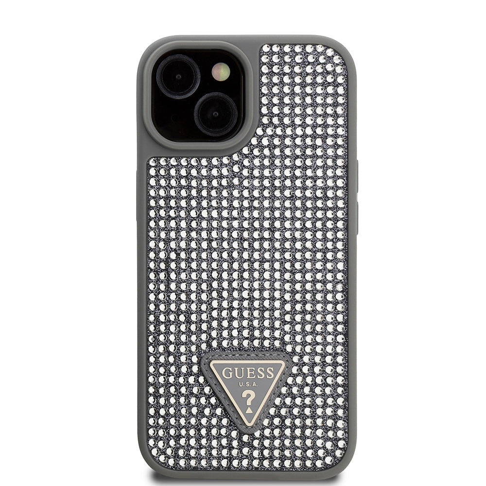Apple iPhone 15 Kılıf Guess Orjinal Lisanslı Taşlı Arka Yüzey Üçgen Logolu Kapak Pembe