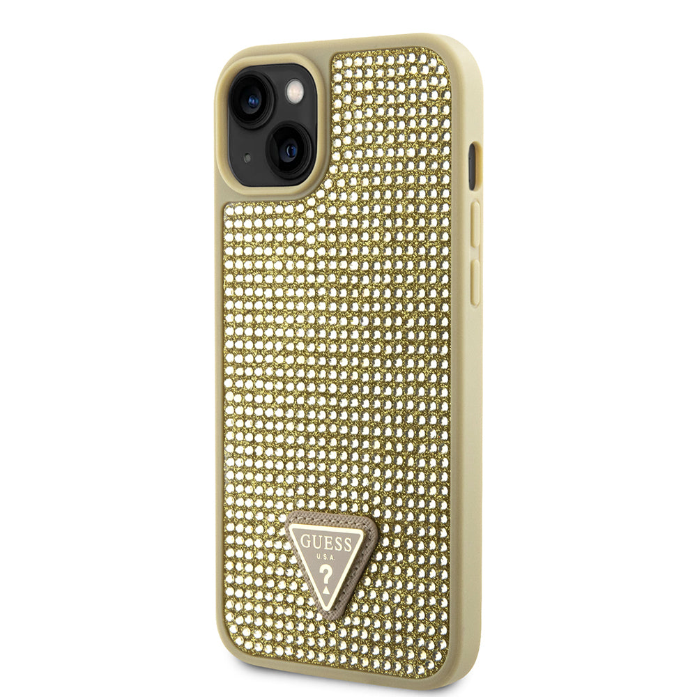 Apple iPhone 15 Kılıf Guess Orjinal Lisanslı Taşlı Arka Yüzey Üçgen Logolu Kapak Gold