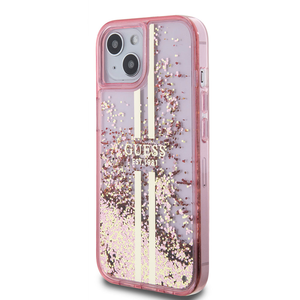 Apple iPhone 15 Kılıf Guess Orjinal Lisanslı Transparan Sıvılı Simli Altın Çizgili Kapak Pembe