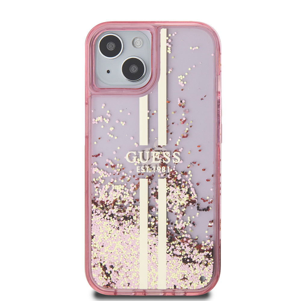 Apple iPhone 15 Kılıf Guess Orjinal Lisanslı Transparan Sıvılı Simli Altın Çizgili Kapak Pembe