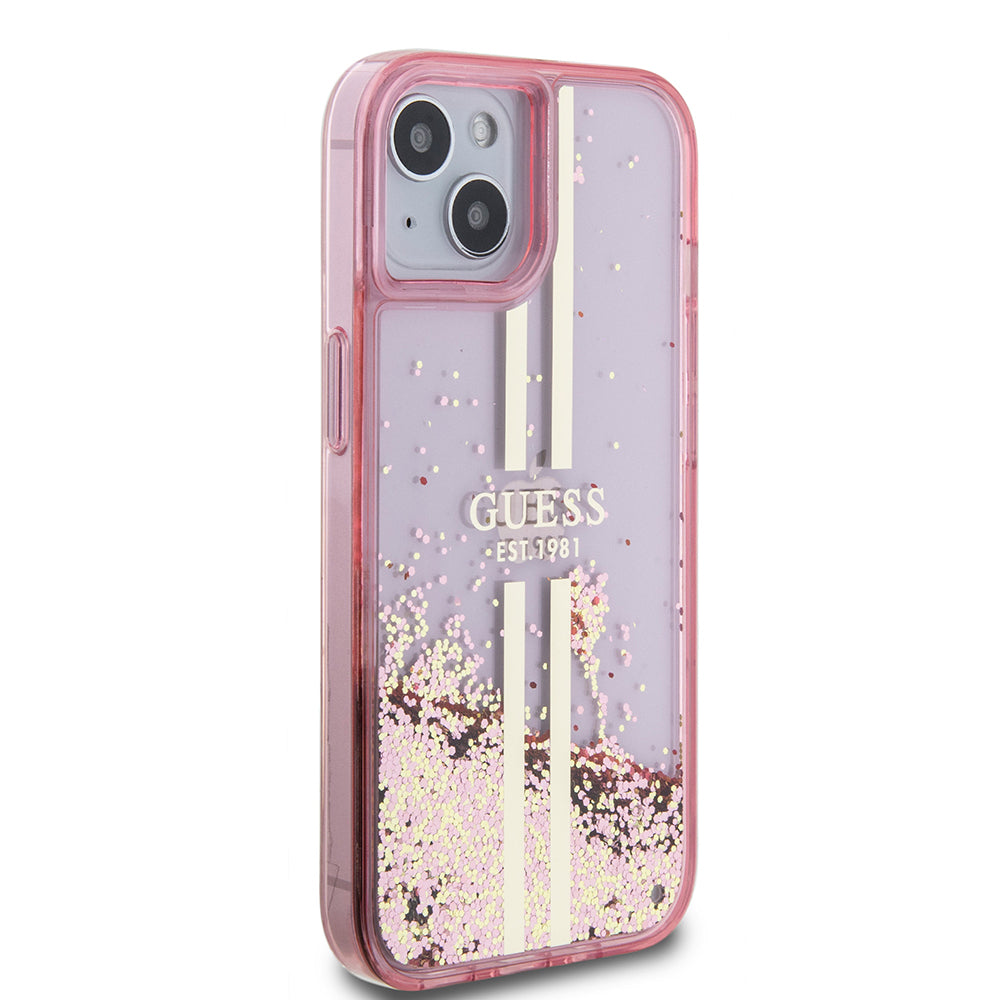 Apple iPhone 15 Kılıf Guess Orjinal Lisanslı Transparan Sıvılı Simli Altın Çizgili Kapak Pembe