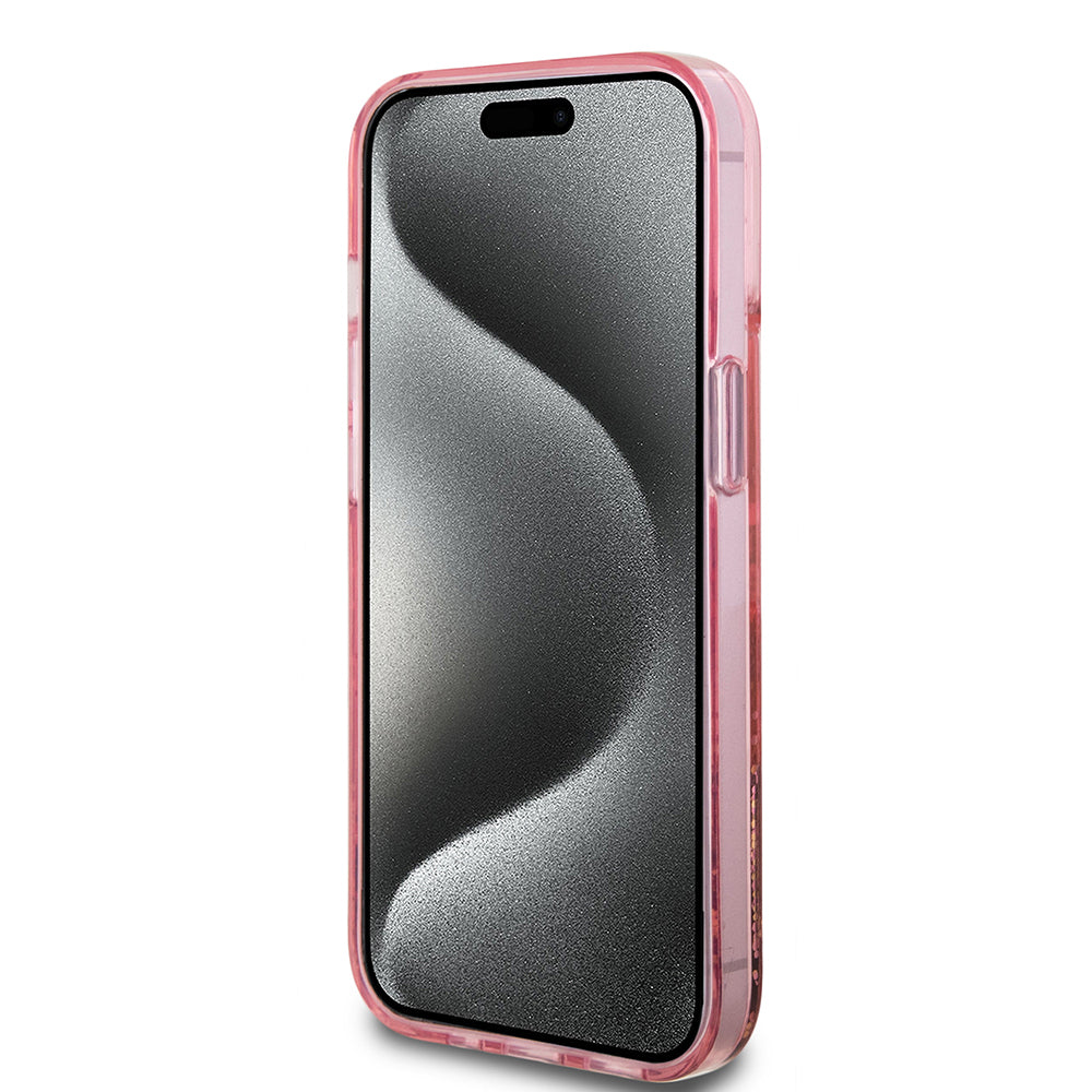 Apple iPhone 15 Kılıf Guess Orjinal Lisanslı Transparan Sıvılı Simli Altın Çizgili Kapak Pembe