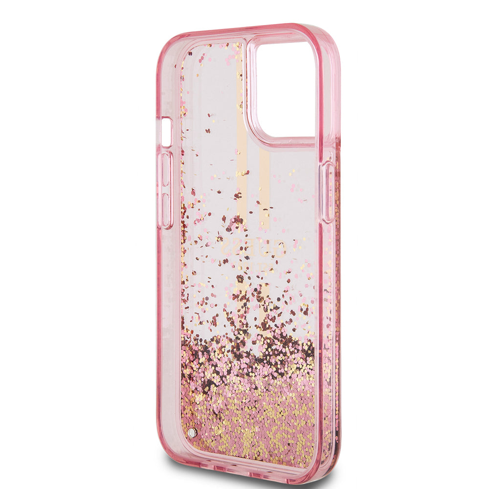 Apple iPhone 15 Kılıf Guess Orjinal Lisanslı Transparan Sıvılı Simli Altın Çizgili Kapak Pembe