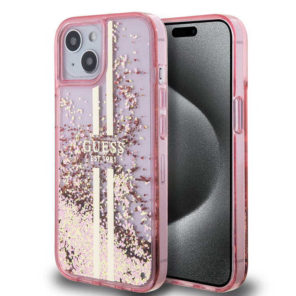 Apple iPhone 15 Kılıf Guess Orjinal Lisanslı Transparan Sıvılı Simli Altın Çizgili Kapak
