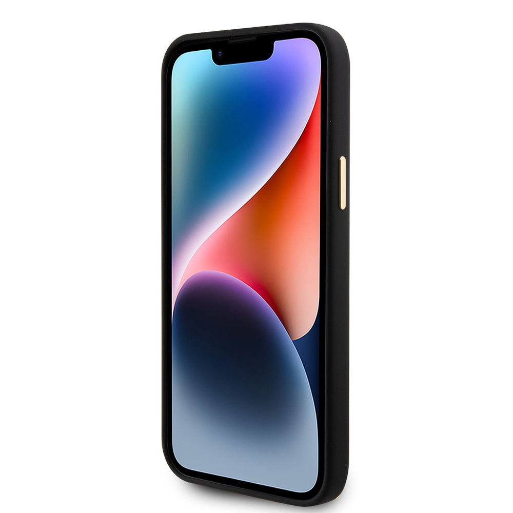 Apple iPhone 15 Kılıf Guess Orjinal Lisanslı Yazı ve Taşlı 4G Logolu Metal Kamera Çerçeveli Silikon Kapak Siyah