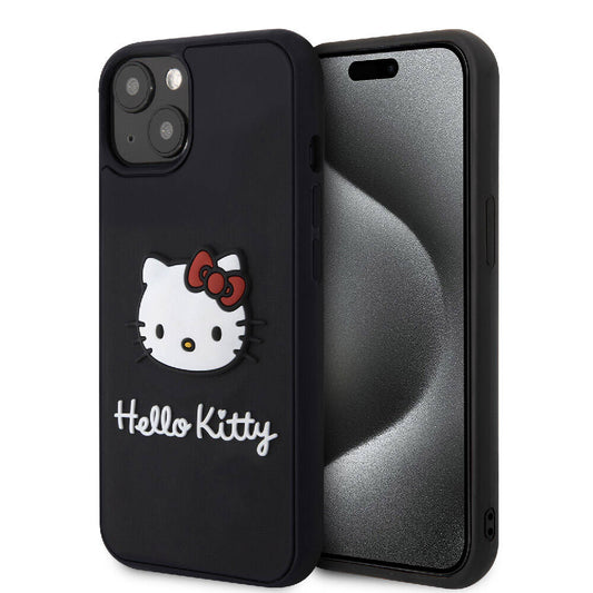 iPhone 15 Kılıf Hello Kitty Orjinal Lisanslı Yazı ve İkonik Logolu 3D Rubber Kitty Head Kılıf Siyah