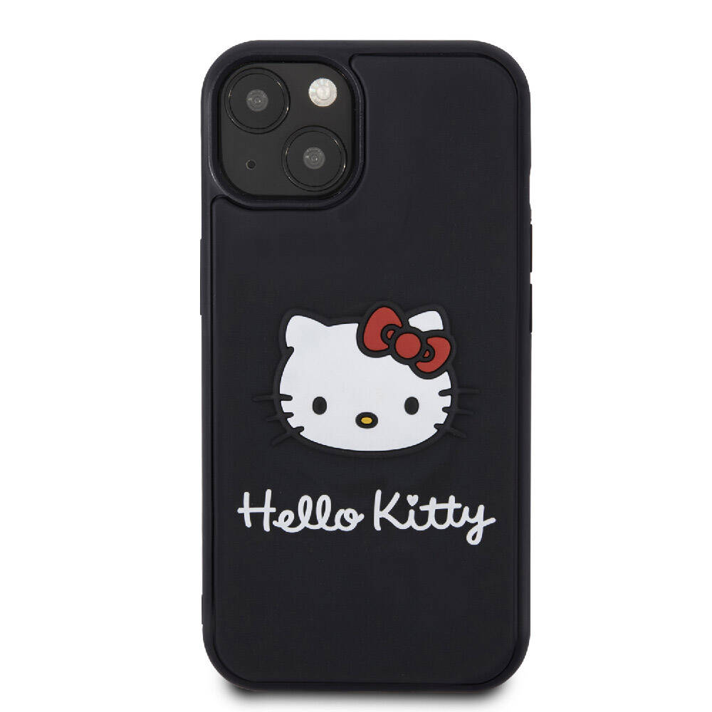 iPhone 15 Kılıf Hello Kitty Orjinal Lisanslı Yazı ve İkonik Logolu 3D Rubber Kitty Head Kılıf Siyah