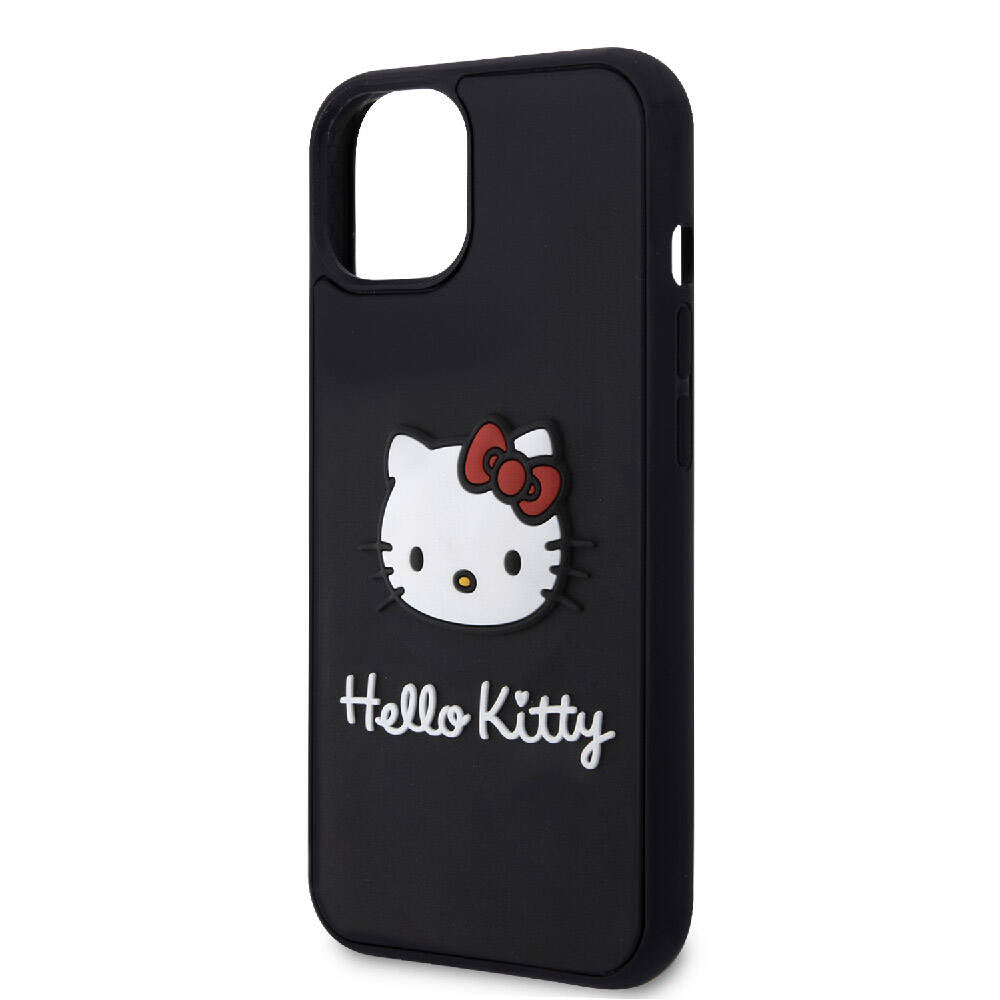 iPhone 15 Kılıf Hello Kitty Orjinal Lisanslı Yazı ve İkonik Logolu 3D Rubber Kitty Head Kılıf Siyah