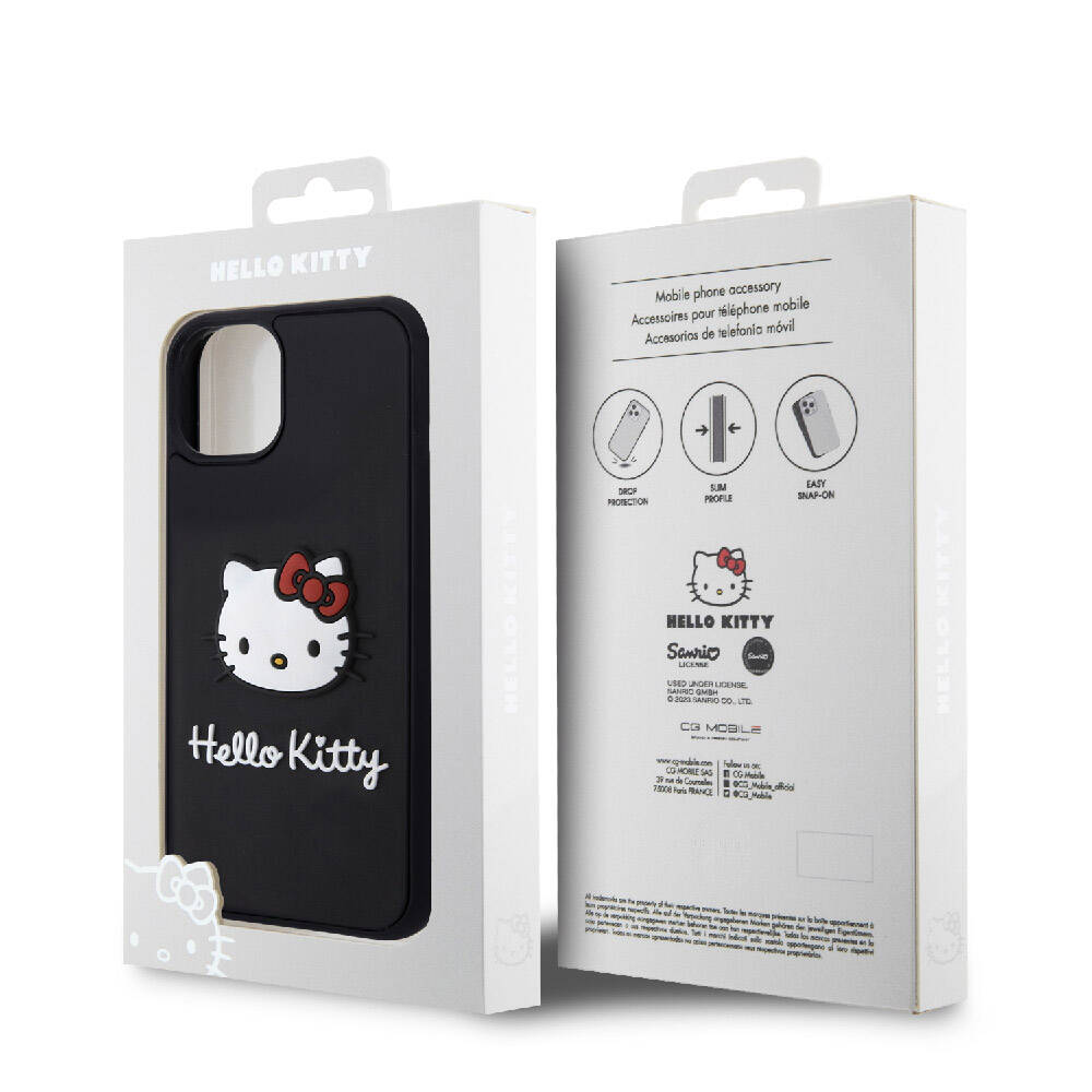 iPhone 15 Kılıf Hello Kitty Orjinal Lisanslı Yazı ve İkonik Logolu 3D Rubber Kitty Head Kılıf Siyah