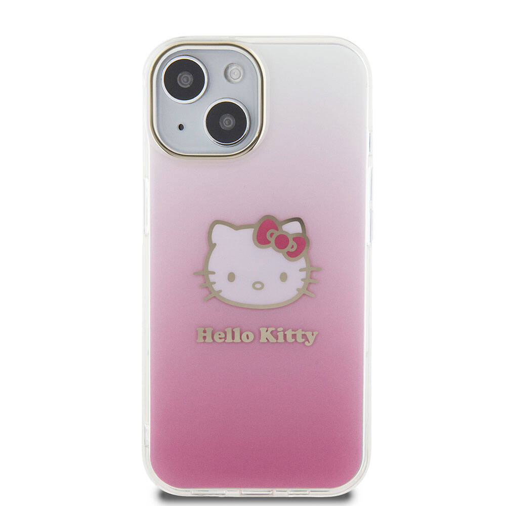 iPhone 15 Kılıf Hello Kitty Orjinal Lisanslı Yazı ve İkonik Logolu Elektroplating Kaplama Gradyan Kılıf Pembe