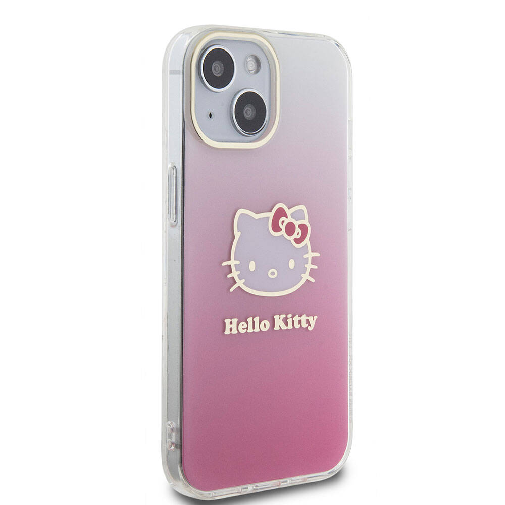 iPhone 15 Kılıf Hello Kitty Orjinal Lisanslı Yazı ve İkonik Logolu Elektroplating Kaplama Gradyan Kılıf Pembe