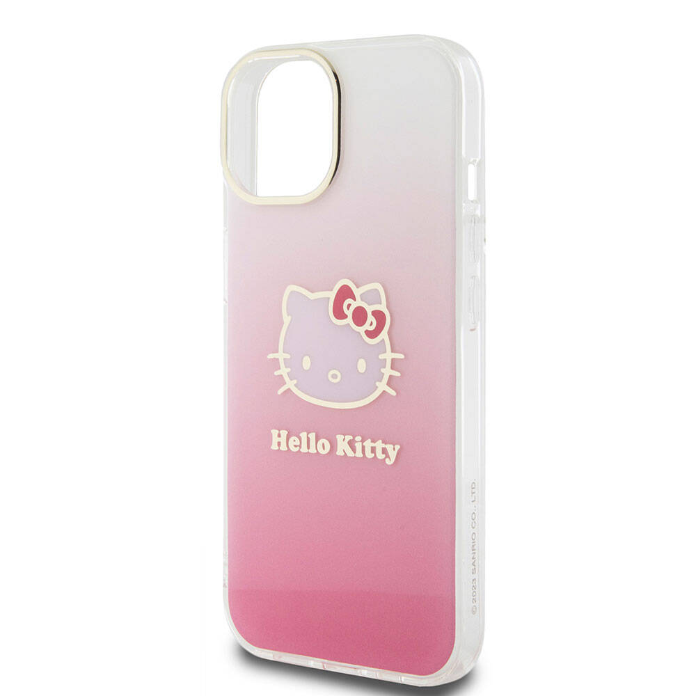 iPhone 15 Kılıf Hello Kitty Orjinal Lisanslı Yazı ve İkonik Logolu Elektroplating Kaplama Gradyan Kılıf Pembe