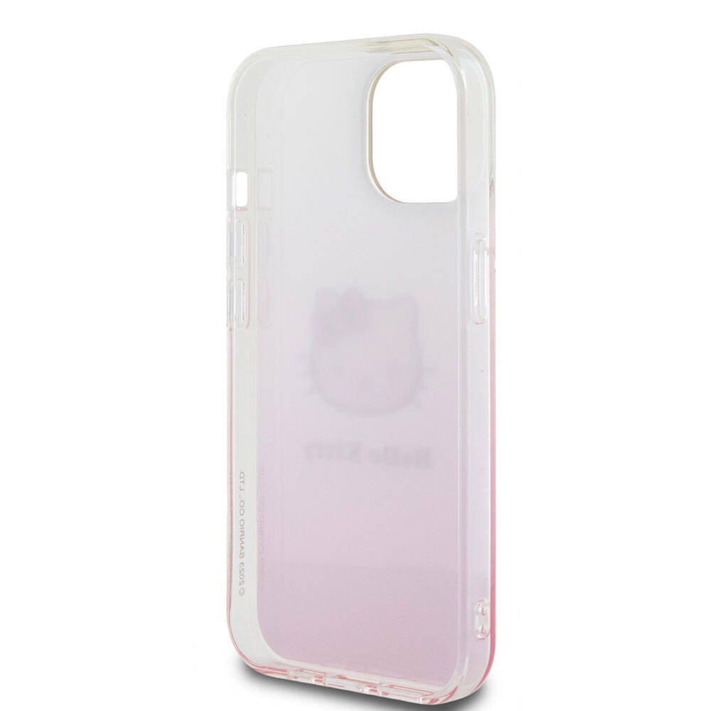iPhone 15 Kılıf Hello Kitty Orjinal Lisanslı Yazı ve İkonik Logolu Elektroplating Kaplama Gradyan Kılıf Pembe