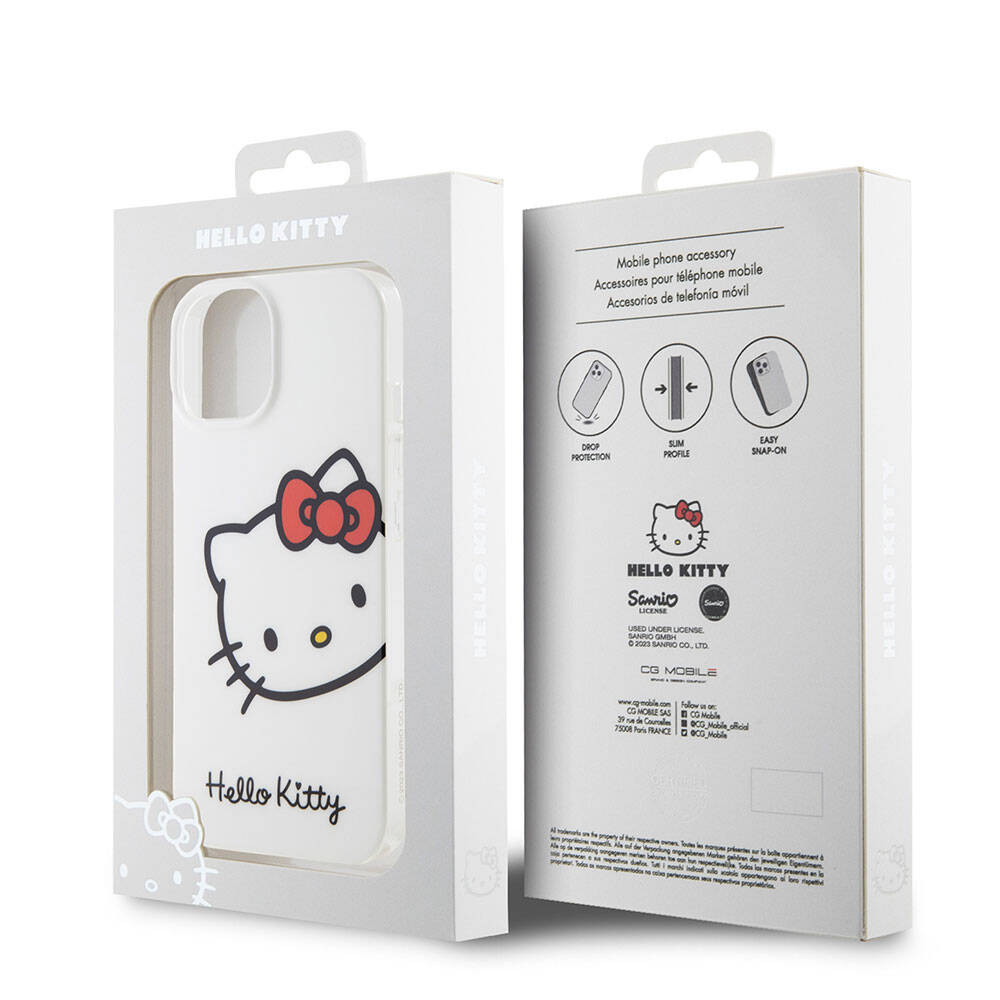 iPhone 15 Kılıf Hello Kitty Orjinal Lisanslı Yazı ve İkonik Logolu Kitty Head Kılıf Beyaz