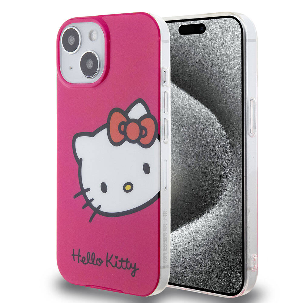 iPhone 15 Kılıf Hello Kitty Orjinal Lisanslı Yazı ve İkonik Logolu Kitty Head Kılıf Pembe