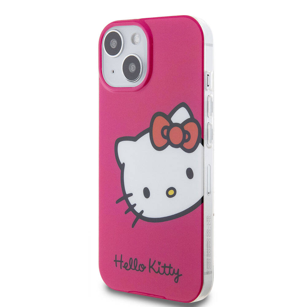 iPhone 15 Kılıf Hello Kitty Orjinal Lisanslı Yazı ve İkonik Logolu Kitty Head Kılıf Pembe