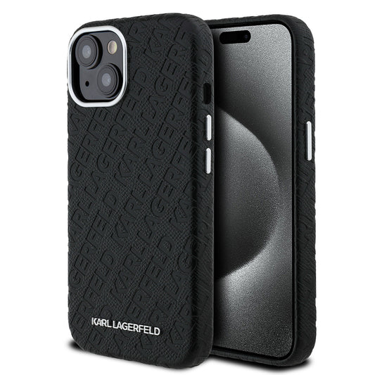 Apple iPhone 15 Kılıf Karl Lagerfeld Orjinal Lisanslı PU Deri Damgalı Metal Yazı Logolu Kapak