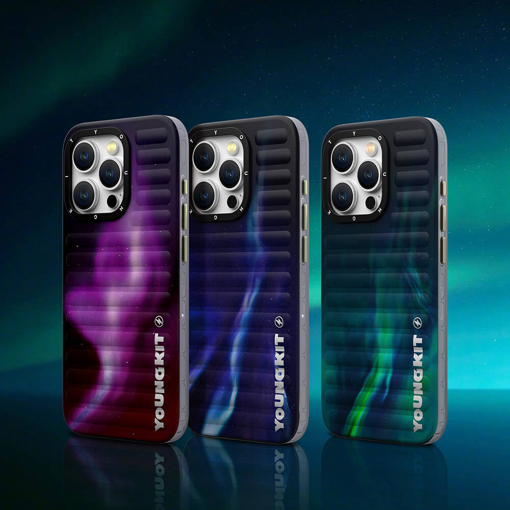 iPhone 15 Kılıf Kuzey Işıkları Desenli Youngkit Aurora Serisi Kılıf Yeşil
