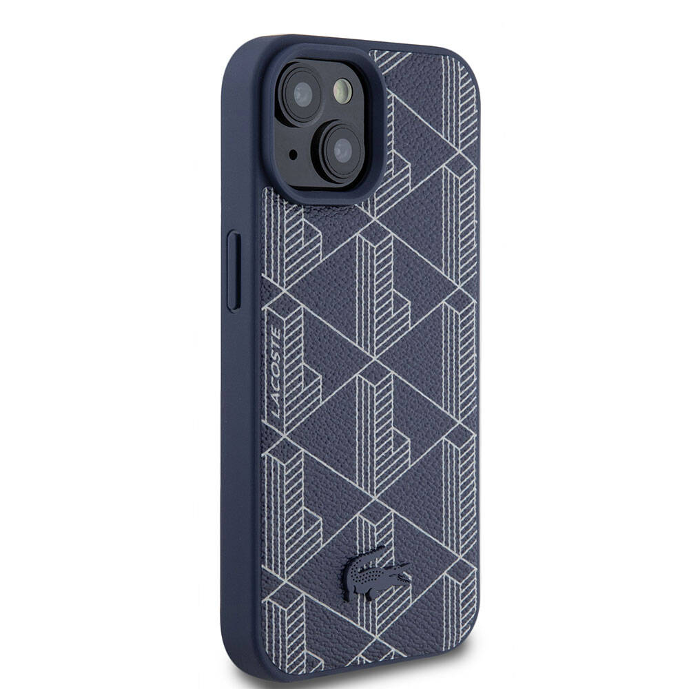 iPhone 15 Kılıf Lacoste Orjinal Lisanslı Magsafe Şarj Özellikli PU Deri Görünümlü Karışık Monogram Desenli Kılıf Lacivert