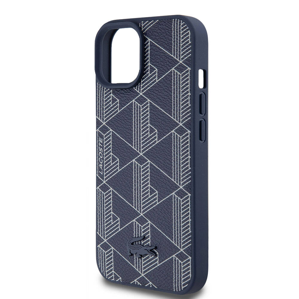 iPhone 15 Kılıf Lacoste Orjinal Lisanslı Magsafe Şarj Özellikli PU Deri Görünümlü Karışık Monogram Desenli Kılıf Lacivert