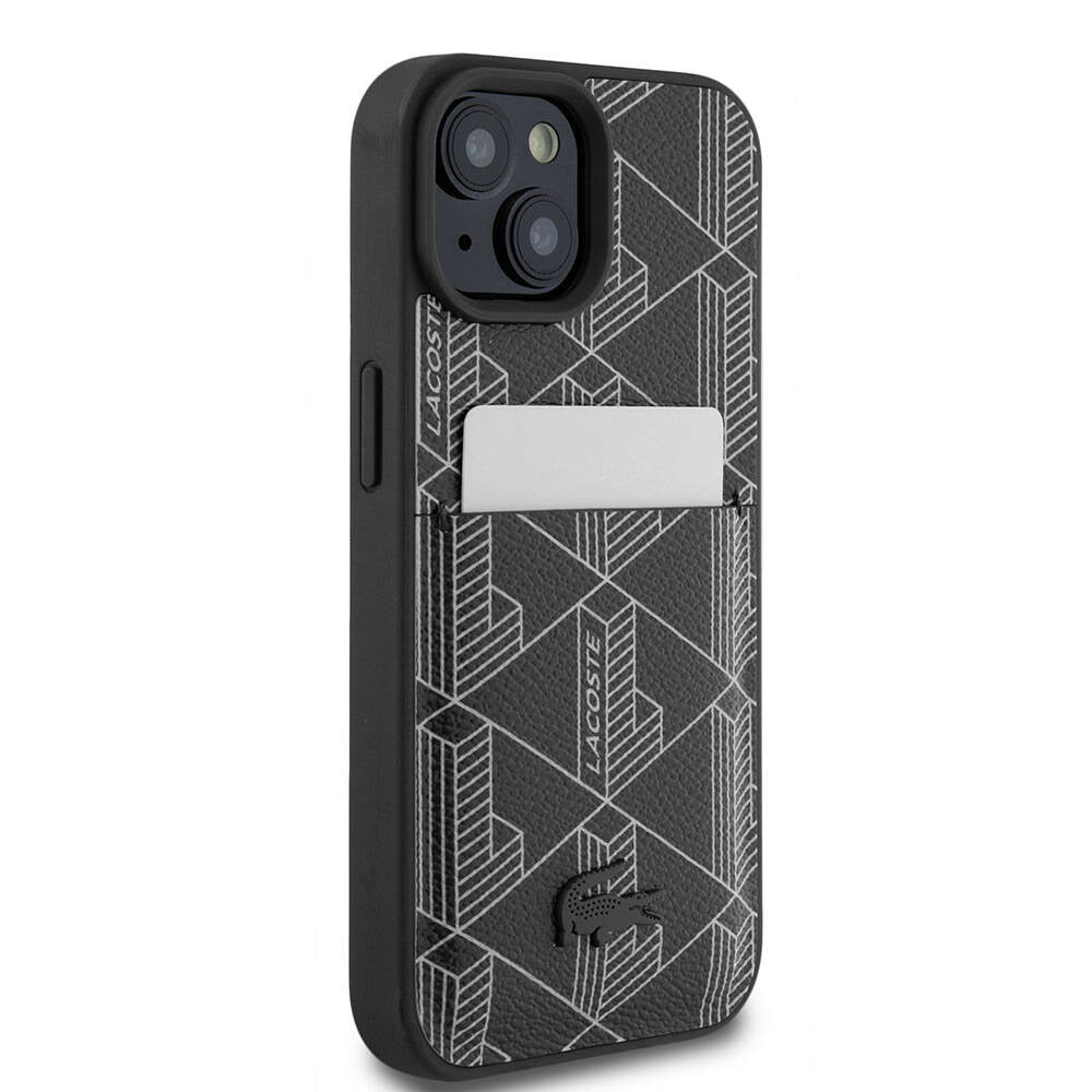 iPhone 15 Kılıf Lacoste Orjinal Lisanslı Magsafe Şarj Özellikli PU Deri Görünümlü Kartlıklı Karışık Monogram Desenli Kılıf Siyah
