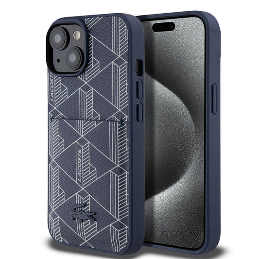 iPhone 15 Kılıf Lacoste Orjinal Lisanslı Magsafe Şarj Özellikli PU Deri Görünümlü Kartlıklı Karışık Monogram Desenli Kılıf Siyah