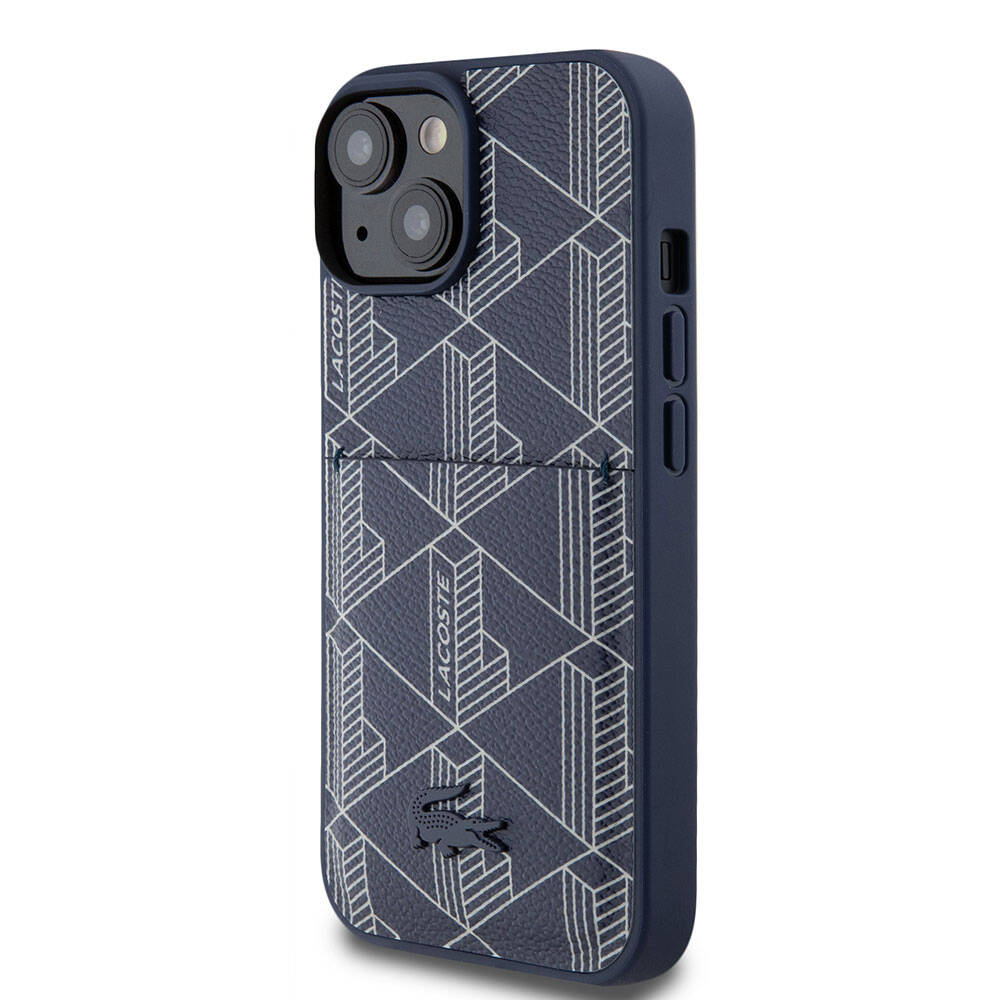 iPhone 15 Kılıf Lacoste Orjinal Lisanslı Magsafe Şarj Özellikli PU Deri Görünümlü Kartlıklı Karışık Monogram Desenli Kılıf Siyah