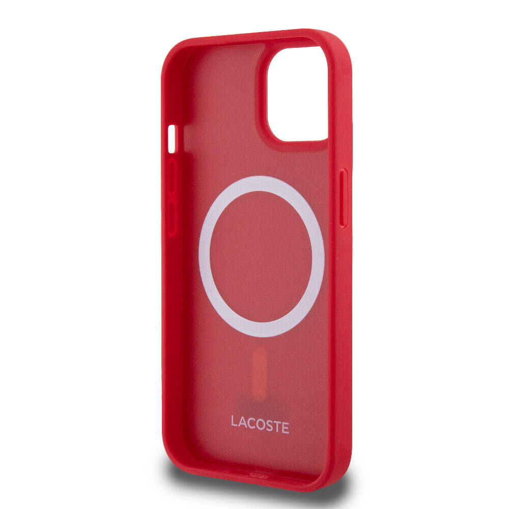 iPhone 15 Kılıf Lacoste Orjinal Lisanslı PU Pike Desenli Arka Yüzey İkonik Timsah Dokuma Logolu Kılıf Kırmızı