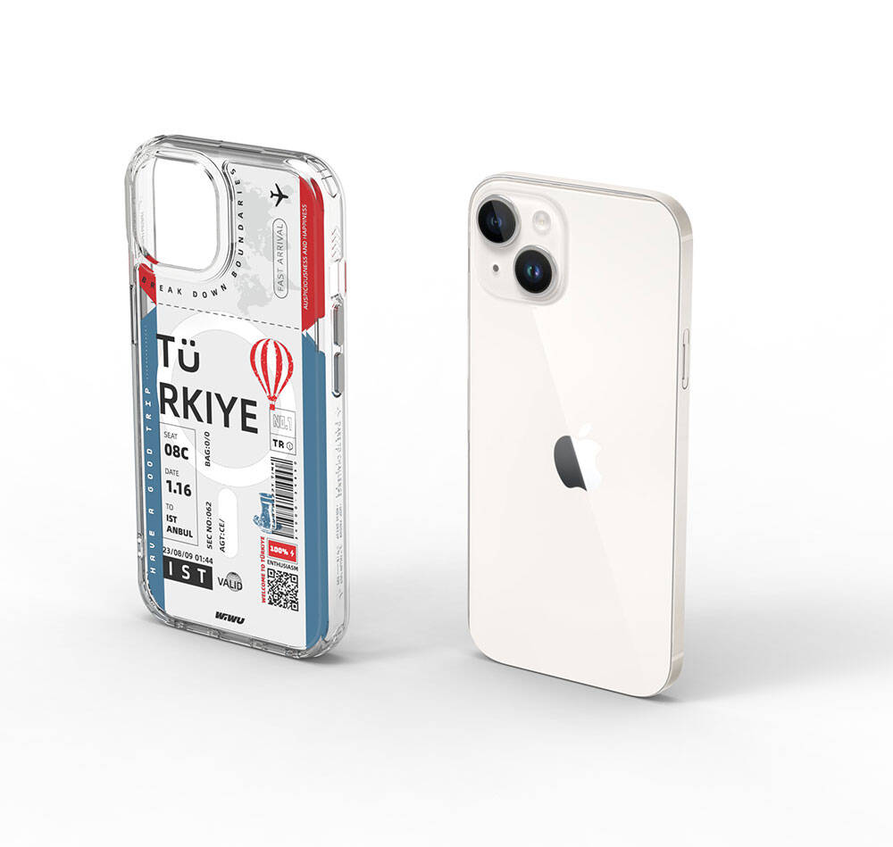 iPhone 15 Kılıf Magsafe Şarj Özellikli Bilet Desenli Wiwu Turkey B Serisi Kılıf Mavi