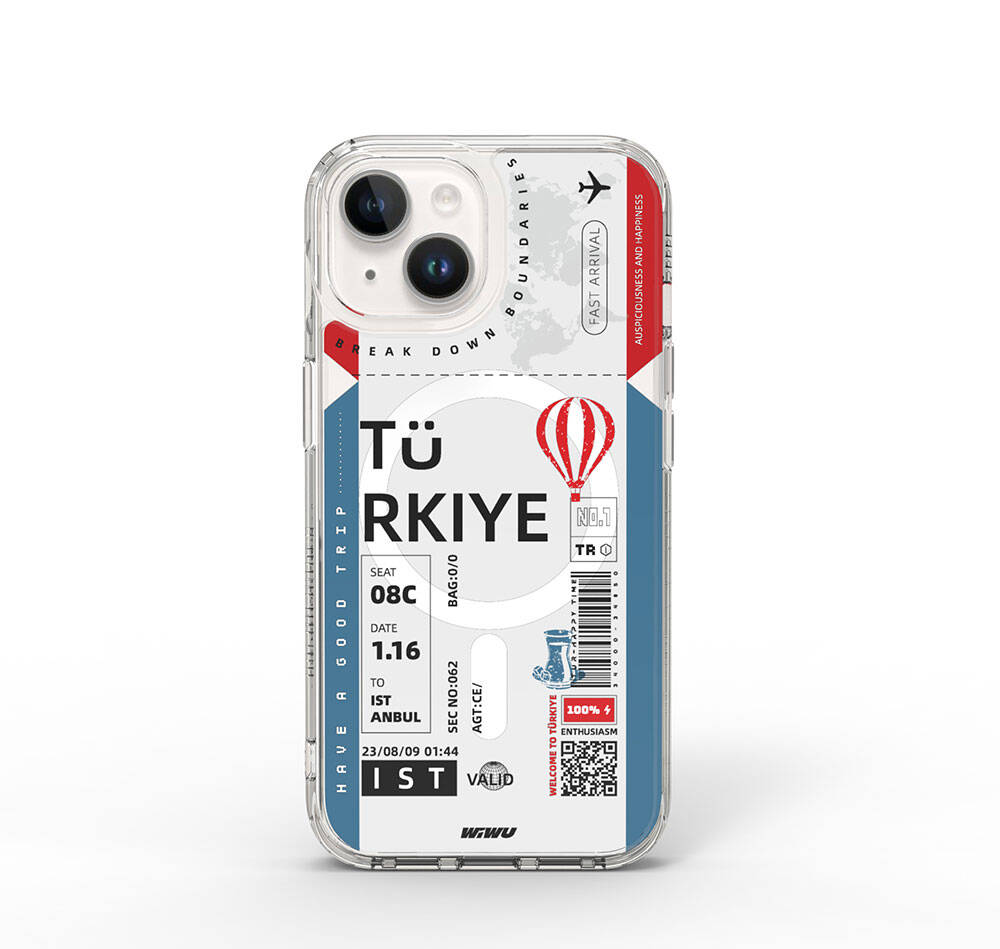 iPhone 15 Kılıf Magsafe Şarj Özellikli Bilet Desenli Wiwu Turkey B Serisi Kılıf Mavi