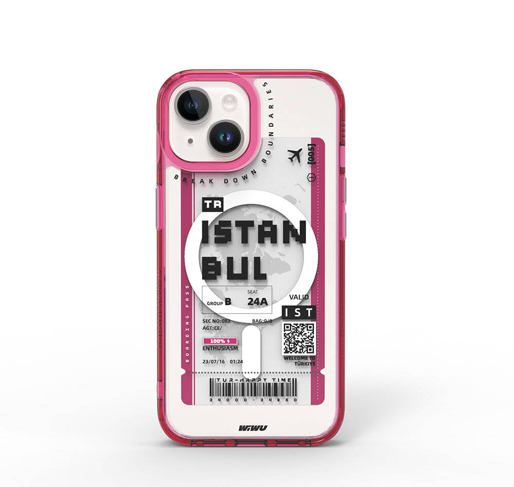 iPhone 15 Kılıf Magsafe Şarj Özellikli Bilet Desenli Wiwu Turkey B Serisi Kılıf Mavi