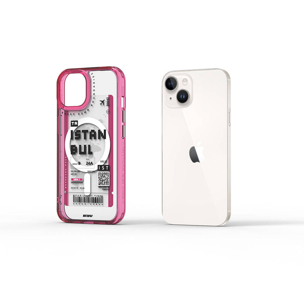 iPhone 15 Kılıf Magsafe Şarj Özellikli Bilet Desenli Wiwu Turkey B Serisi Kılıf Pembe