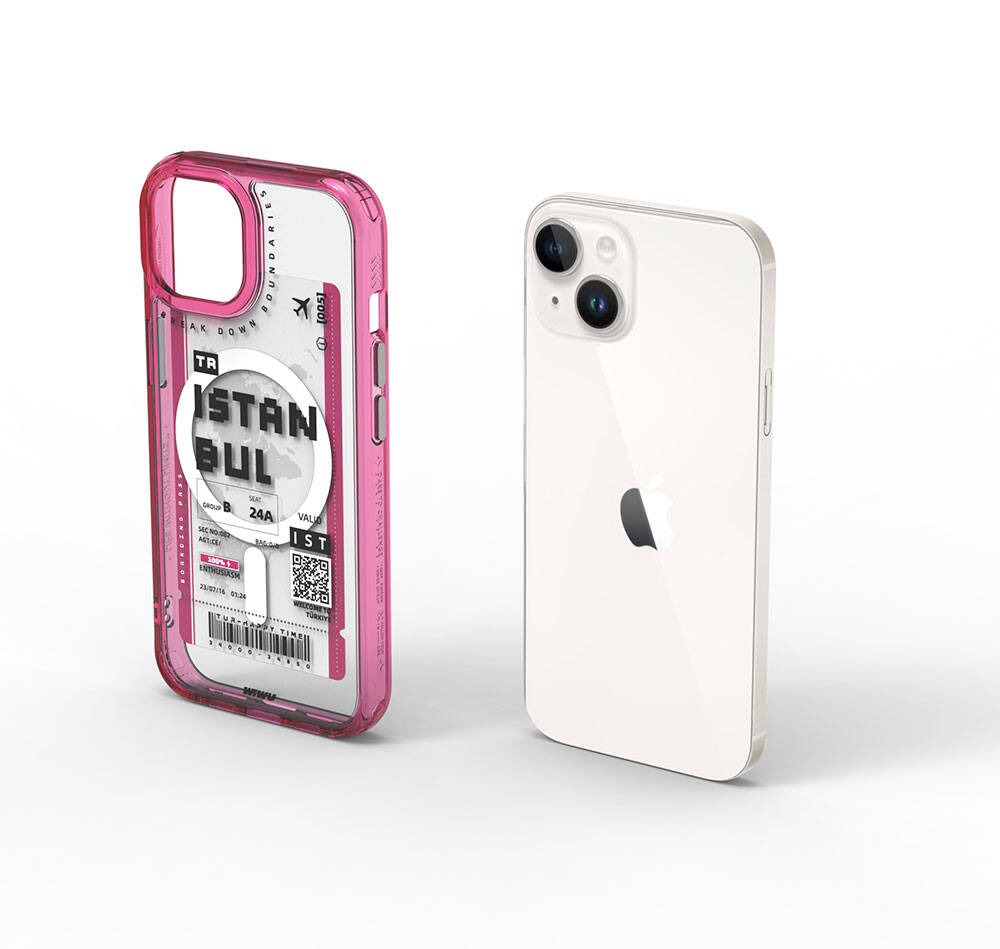 iPhone 15 Kılıf Magsafe Şarj Özellikli Bilet Desenli Wiwu Turkey B Serisi Kılıf Pembe