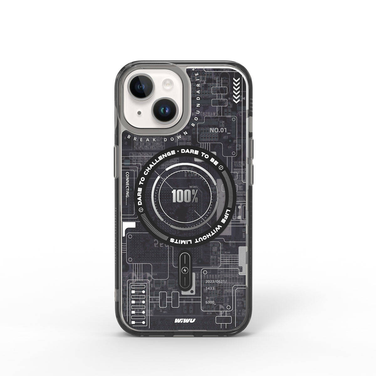 iPhone 15 Kılıf Magsafe Şarj Özellikli Desenli Wiwu Mecha Circuit H Serisi Kılıf Gri