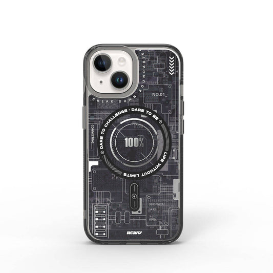 iPhone 15 Kılıf Magsafe Şarj Özellikli Desenli Wiwu Mecha Circuit H Serisi Kılıf Gri