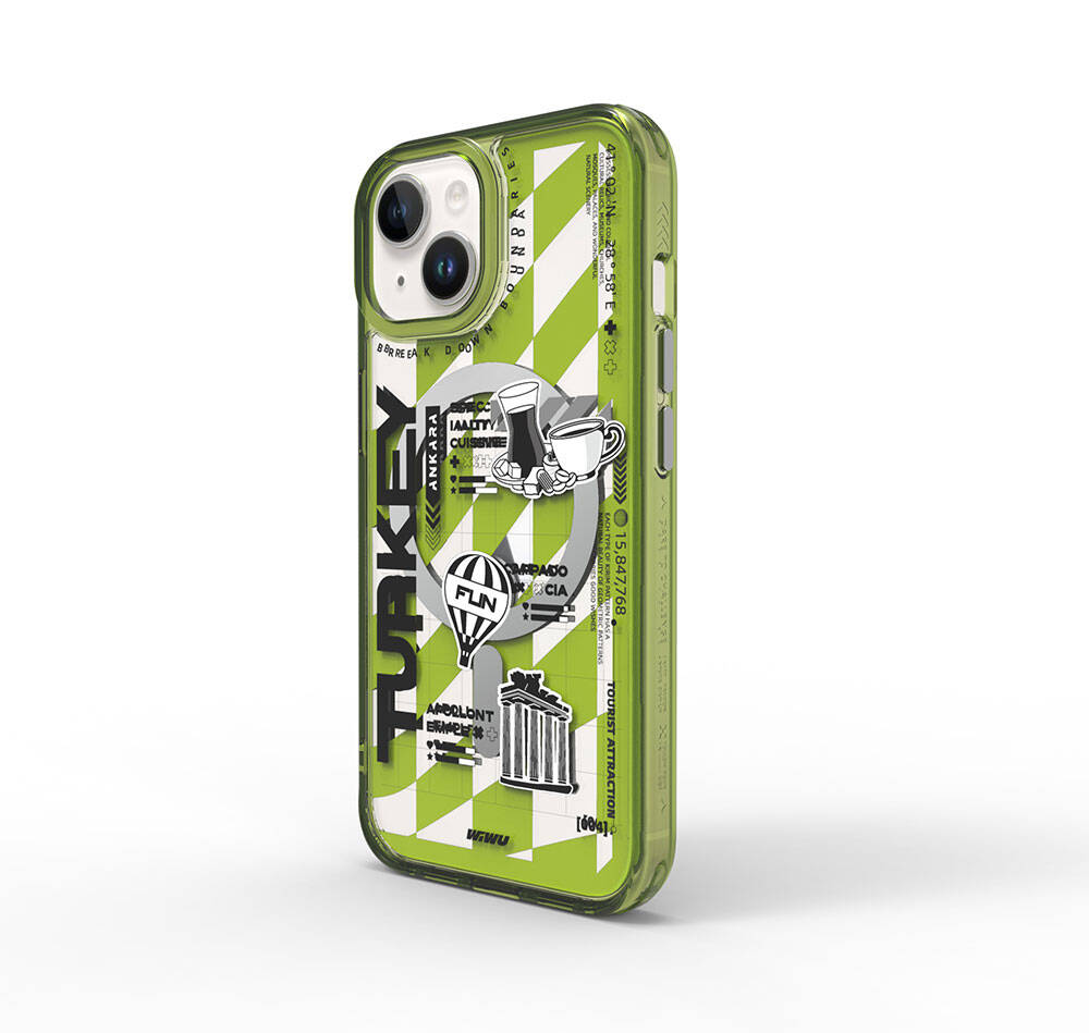 iPhone 15 Kılıf Magsafe Şarj Özellikli Desenli Wiwu Turkey A Serisi Kılıf Yeşil