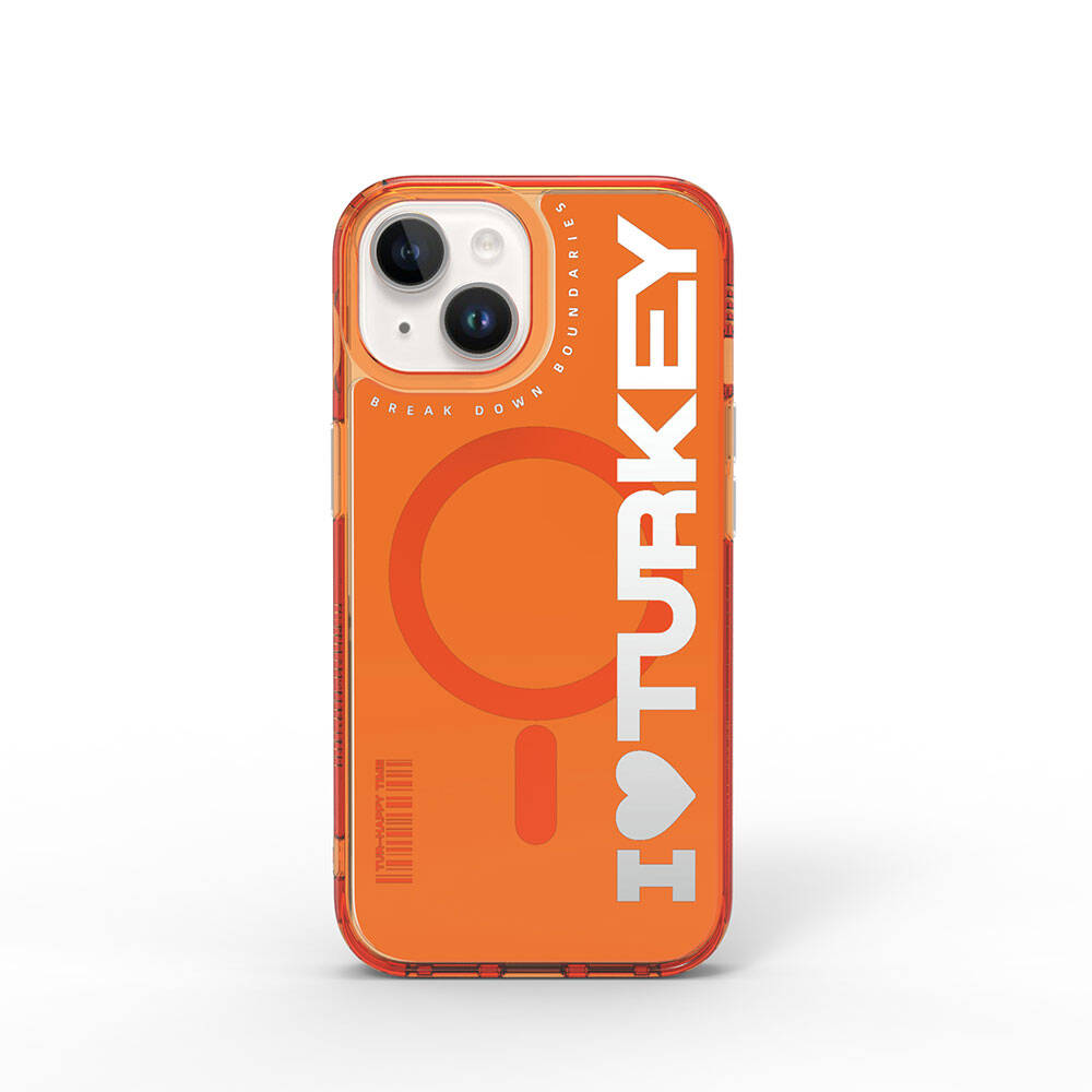 iPhone 15 Kılıf Magsafe Şarj Özellikli I Love Turkey Yazı Desenli Wiwu Turkey E Serisi Kılıf Turuncu