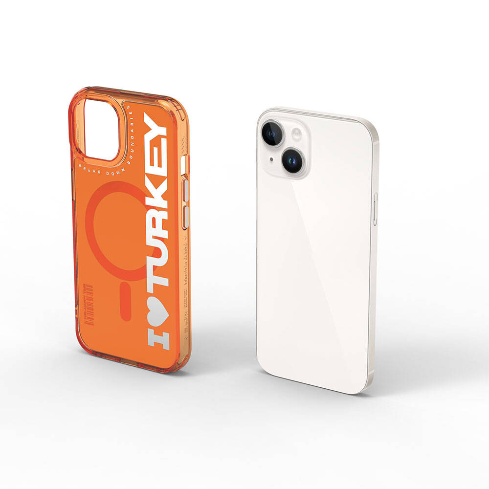 iPhone 15 Kılıf Magsafe Şarj Özellikli I Love Turkey Yazı Desenli Wiwu Turkey E Serisi Kılıf Turuncu