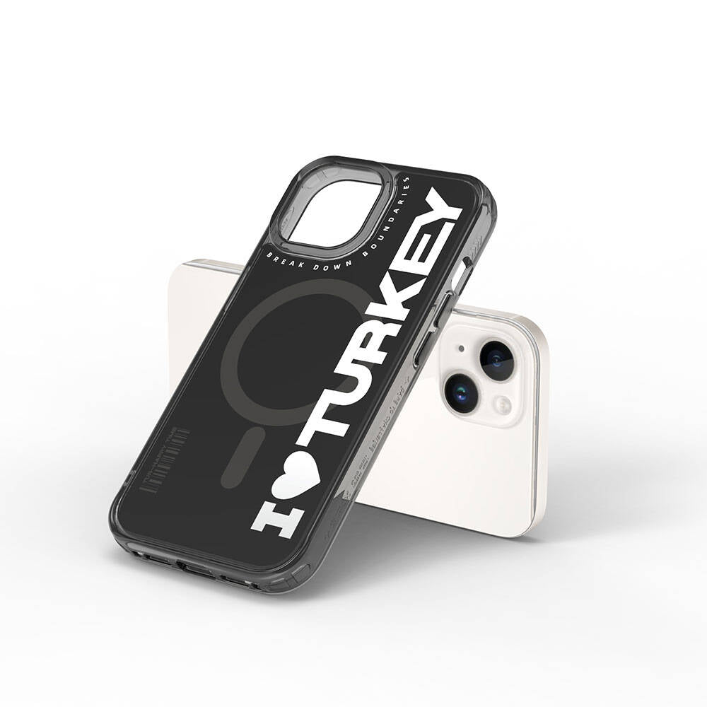 iPhone 15 Kılıf Magsafe Şarj Özellikli I Love Turkey Yazı Desenli Wiwu Turkey E Serisi Kılıf Siyah