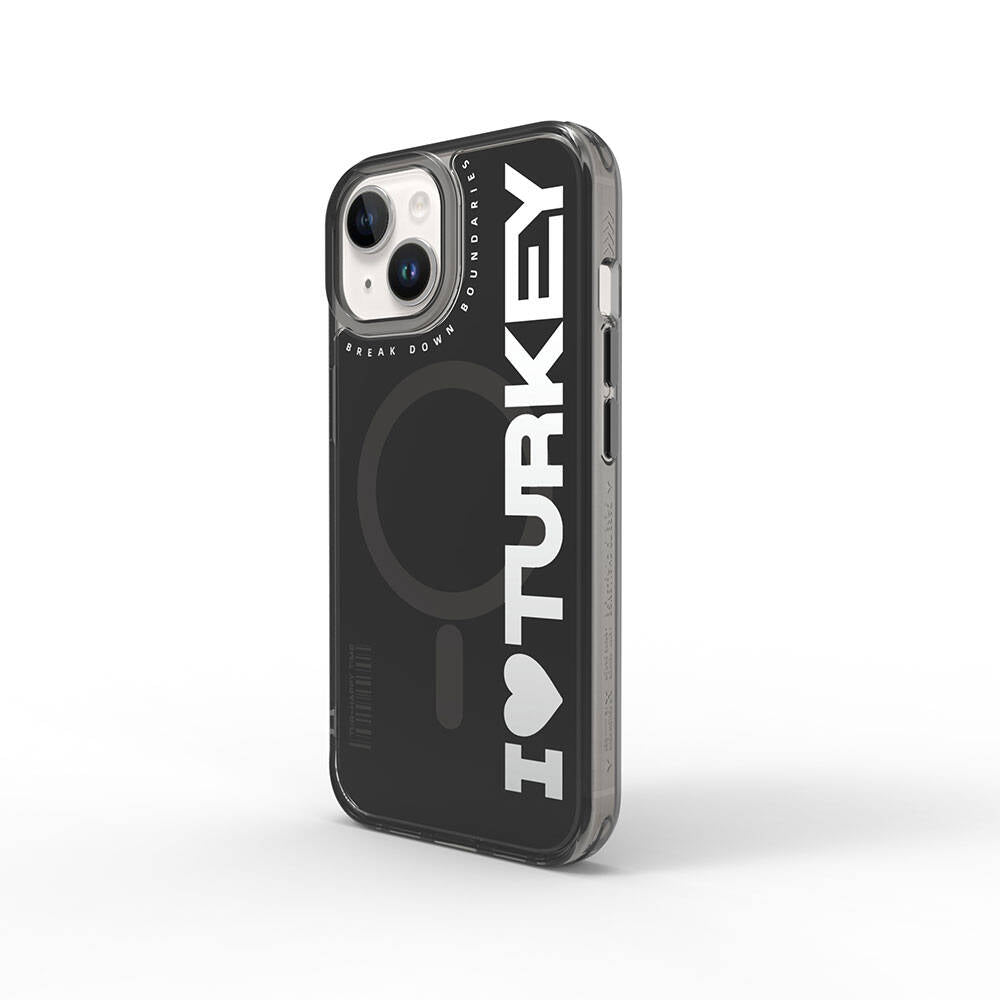 iPhone 15 Kılıf Magsafe Şarj Özellikli I Love Turkey Yazı Desenli Wiwu Turkey E Serisi Kılıf Siyah